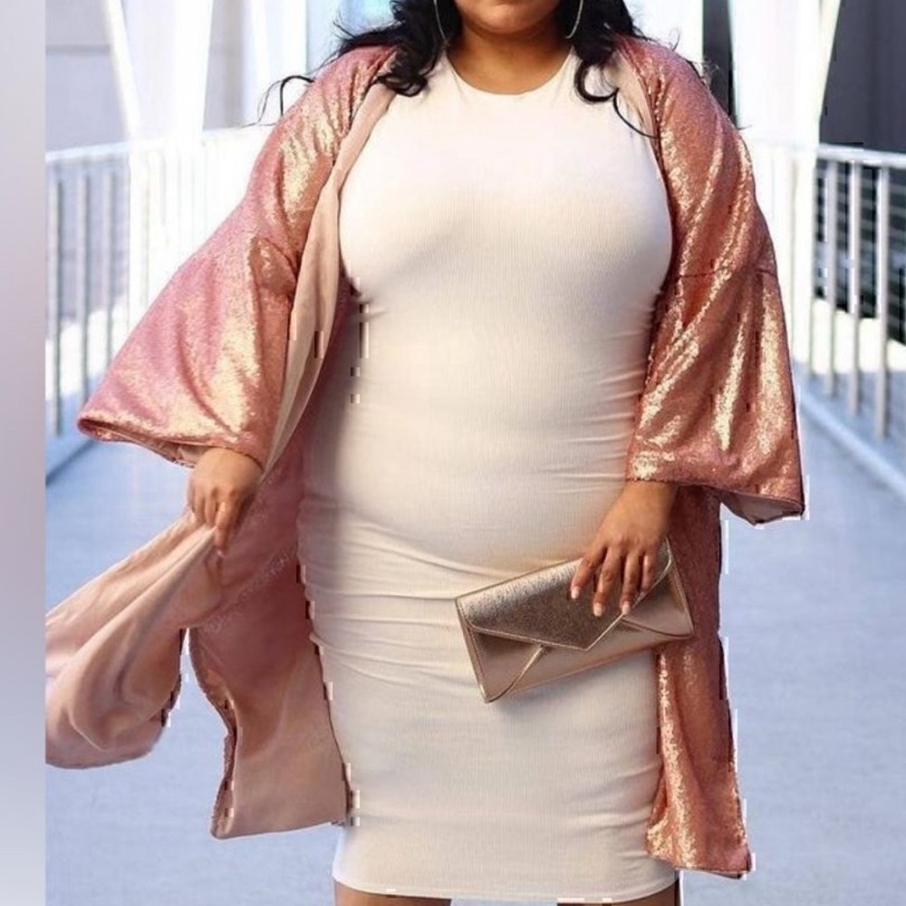 SONCY OPEN FRONT KIMONO MATTE PINK ALL OVER SEQUINS Fits SIZE 12-20 Plus Size - Picture 2 of 7